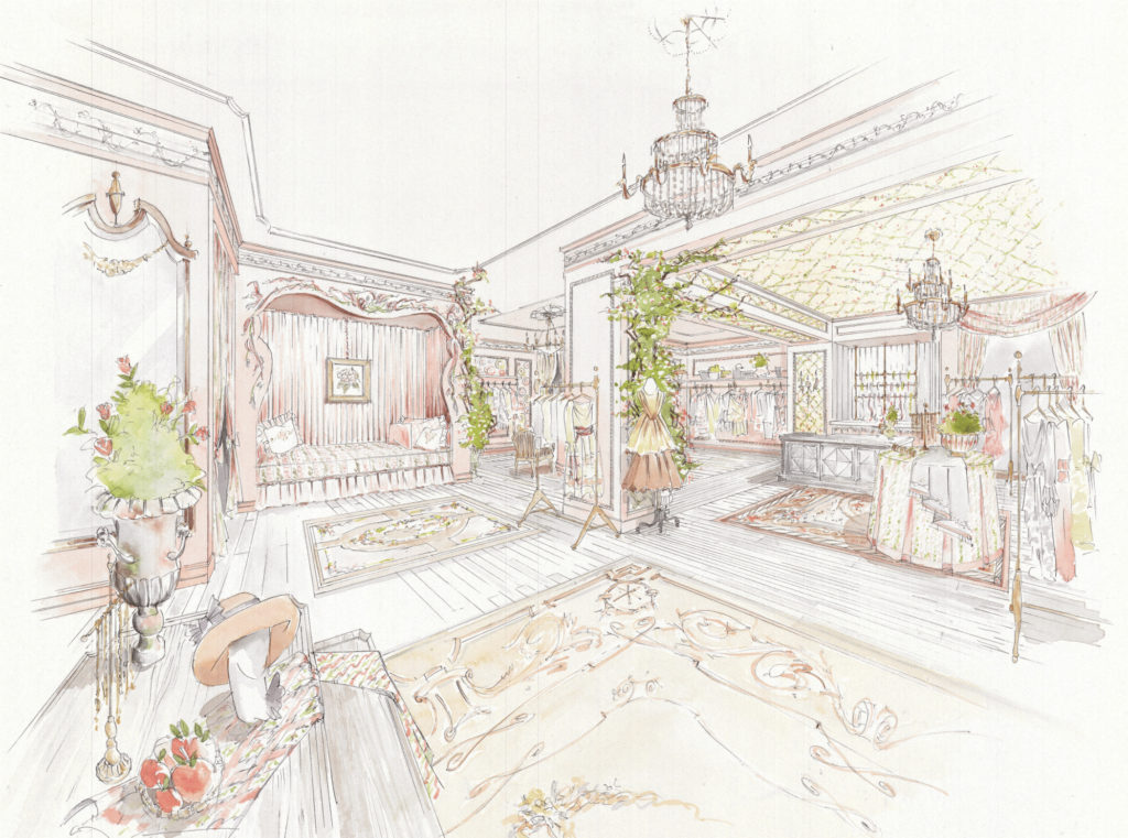 Interior rendering of the Highland Park Village boutique by RIGOS | MILLS for LoveShackFancy