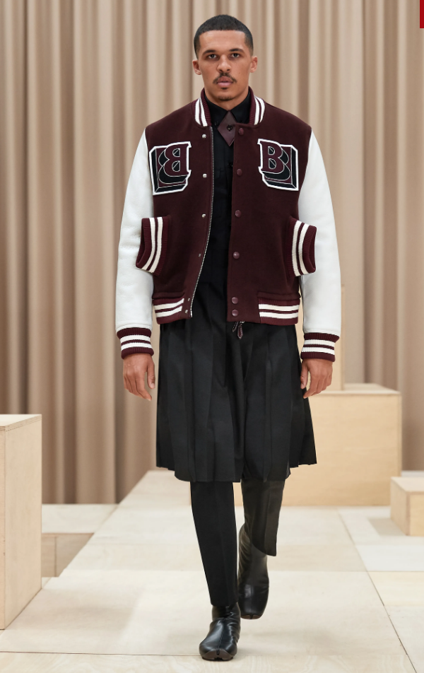 Burberry letter jacket and man-skirt. (Photo courtesy of Burberry)