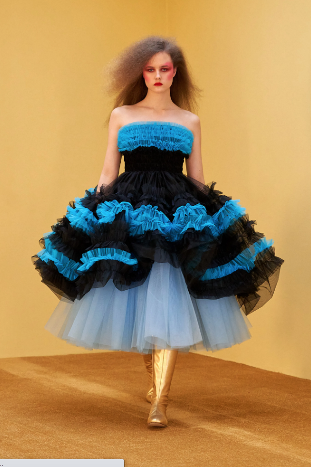Molly Goddard strapless black and teal bubble dress over a pale blue underskirt. (Photo courtesy of Molly Goddard)
