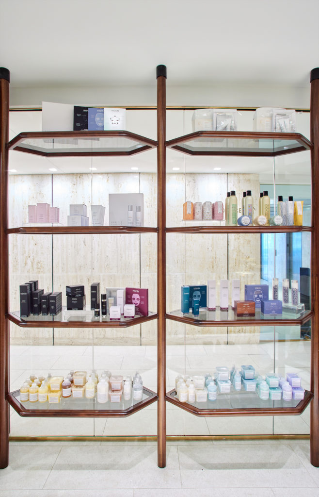 A product selection in the reception area of The Spa at The Thompson Dallas.  (Photo by Gus Schmiege)