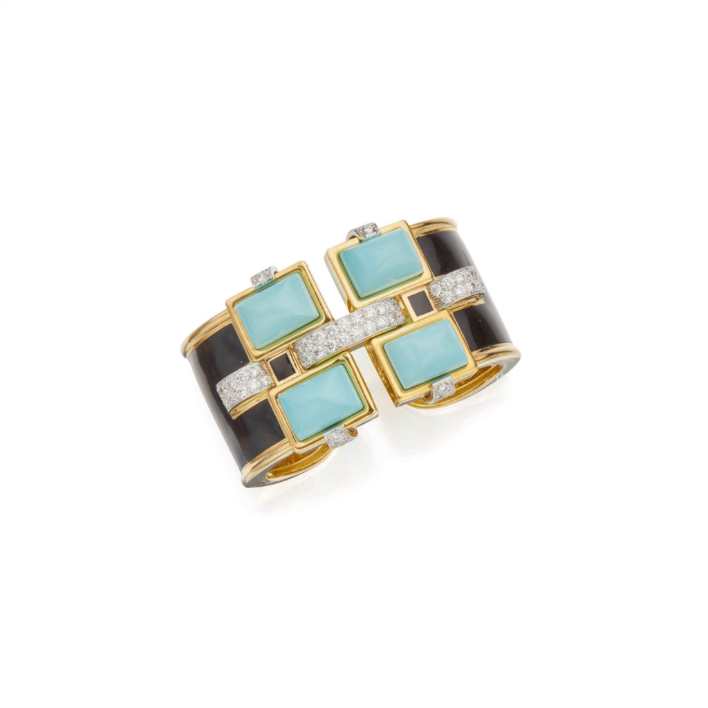A turquoise enamel and diamond Bastille Cuff bracelet by David Webb. (Photo by Sotheby's)