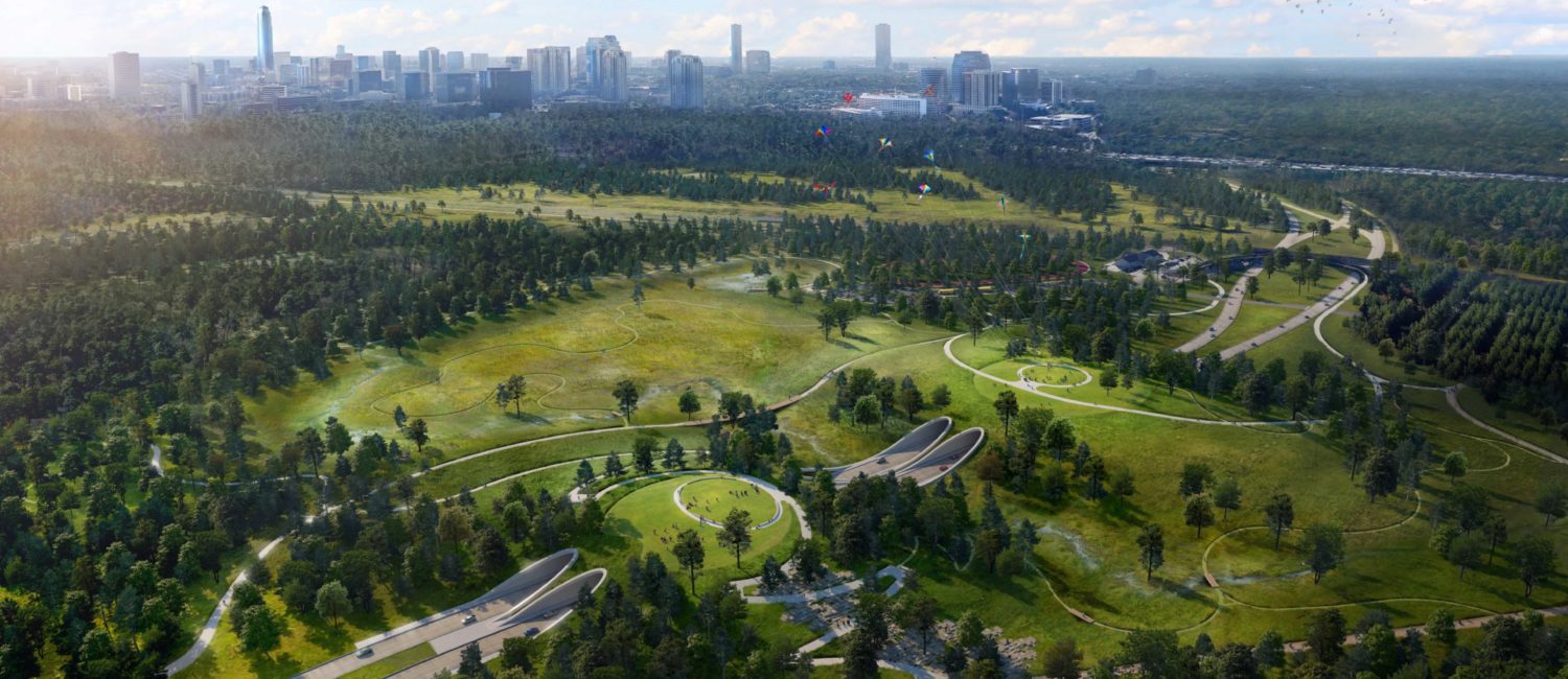 14 – Rendering of Memorial Park’s Land Bridge and Prairie facing West-Courtesy of Nelson Byrd Woltz