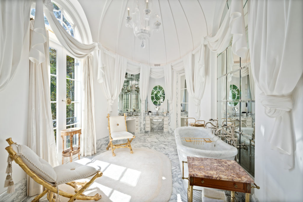 The elaborate master bath in the River Oaks home of Gerald Hines is something suited for a royal imagination. (Photo by Sonya Bertolino)