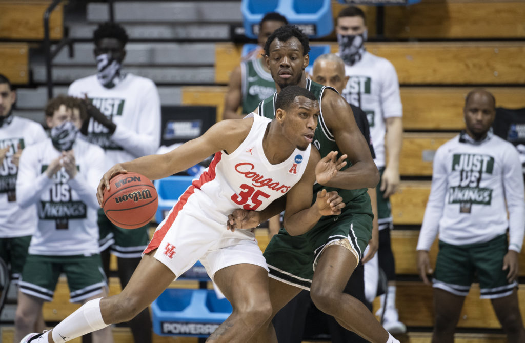 BLOOMINGTON, IN - MARCH 19: Fabian White Jr. #35 of the Houston Cougars during the first round of the 2021 NCAA Division I Men’s Basketball Tournament held at Simon Skjodt Assembly Hall on March 19, 2021 in Bloomington, Indiana. (Photo by Ben Solomon/NCAA Photos via Getty Images)*** Local Caption *** Fabian White Jr.