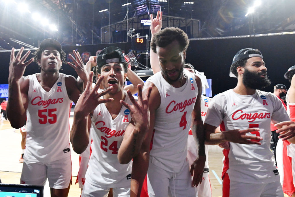 Quentin Grimes (No. 24), Justin Gorham (No. 4) and the rest of the Houston players grabbed every bit of this Final Four moment. (Photo by Brett Wilhelm/NCAA Photos via Getty Images)