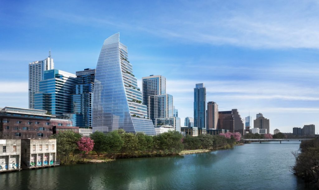 The skyline is rapidly changing in Austin, Texas with new buildings such as the upcoming Google offices. (Rendering courtesy of Pelli Clarke Pelli Architects) 
