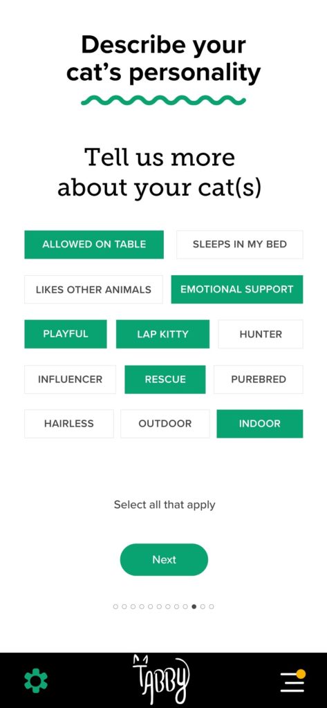 You can describe each of your cats personalities in the Tabby app.