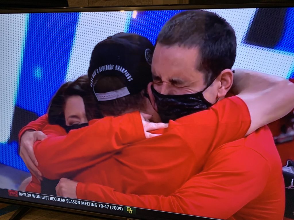 Kelvin Sampson wrapped his son Kellen and daughter Lauren in the hug of all hugs after Houston made the Final Four. Kellen and Lauren could not stop crying tears of joy.