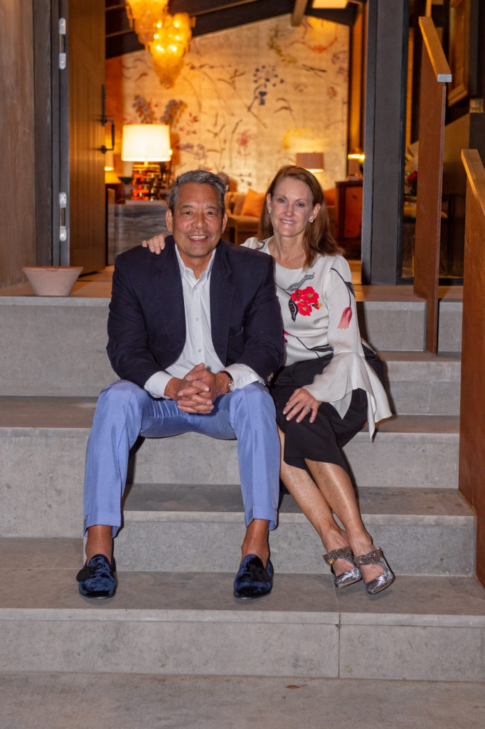 Frank & Stephanie Tsuru await start of the Houston Ballet virtual ball, viewed from their home. (Photo by Wilson Parish)