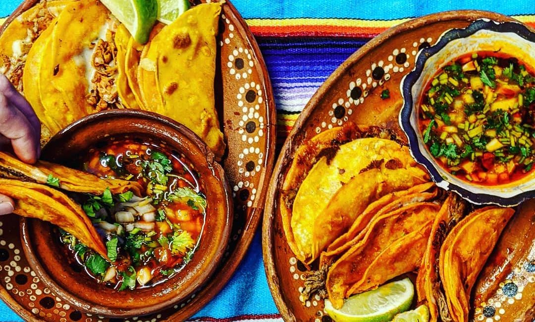 Mariachi’s Dine-In classic beef and vegan jackfruit birra tacos.