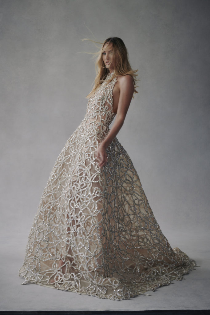 Oscar de la Renta tulle ball gown with crystalized bows and featuring an open back and high neck was 120 hours in the making. (Photo courtesy of Oscar de la Renta)