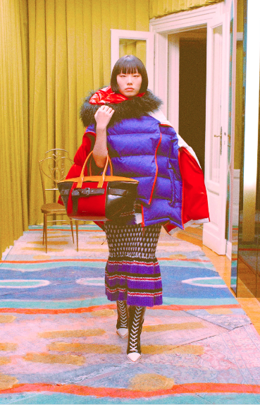 Marni patchwork knit dreess and puffer coat. (Photo courtesy of Marni)