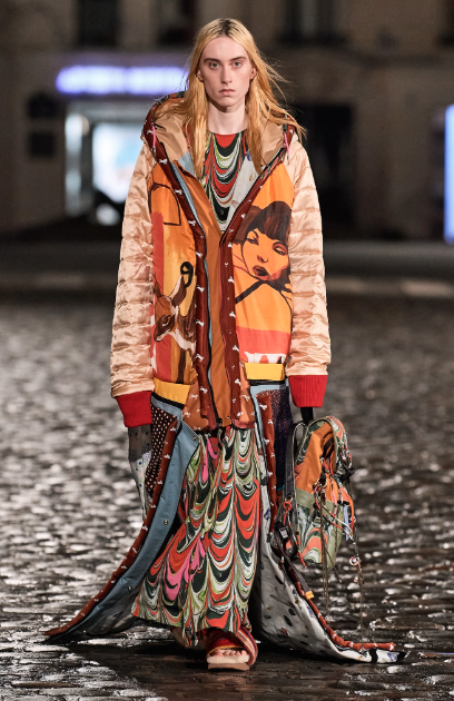 Chloé patchwork coat, print dress. (Photo courtesy of Chloé)