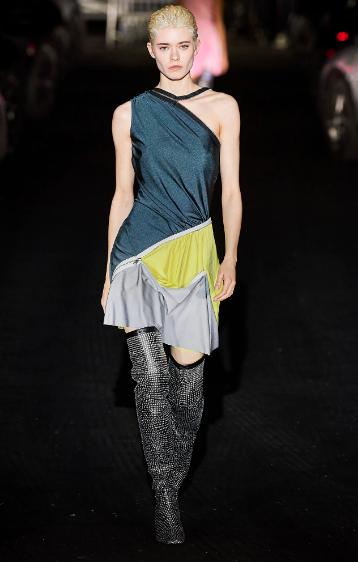 Coperni colorblock dress and above-the-knee sequined boots. (Photo courtesy of Coperni)