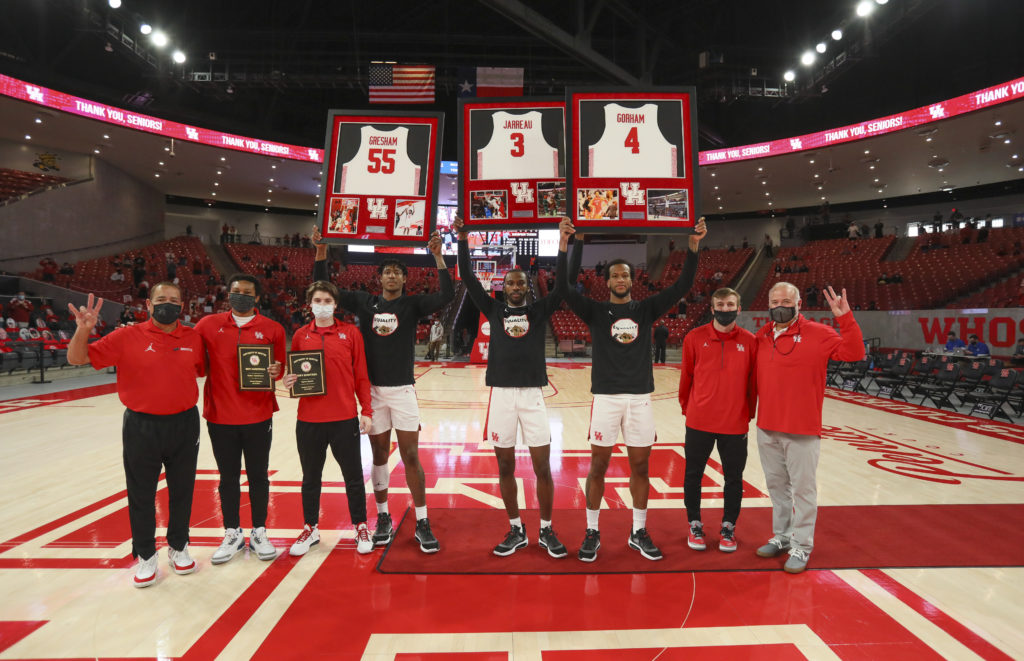Brison Gresham, DeJon Jarreau and Justin Gorham won a lot of games together at the University of Houston. (Photo by Houston Athletics/Stephen Pinchback)