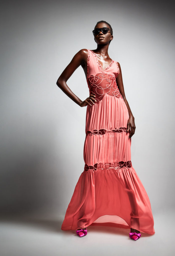Tom Ford tiered evening gown with lace insets. (Photo courtesy of Tom Ford)