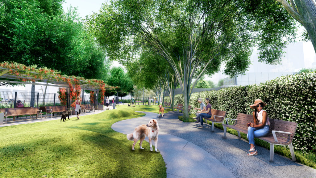 What urban dwellers need most — a dog park — is part of the plans for Trebly Park in south downtown Houston. (Rendering courtesy of the Downtown Redevelopment Authority)