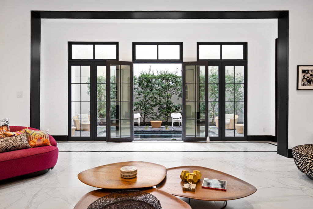 The view from the living room to the interior courtyard at 2521 Westgate in Glendower Court.  (Photo by Sonya Bertolino)