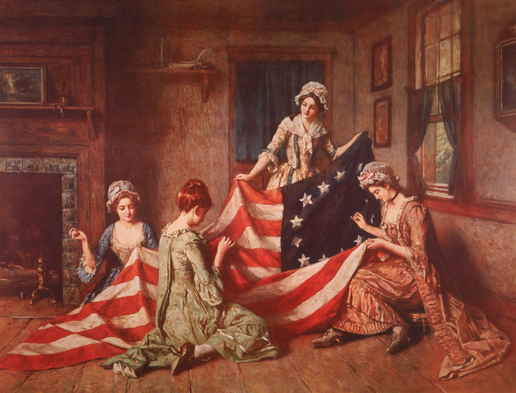 A Henry Mosler painting 'The Birth of the Flag' depicts Betsy Ross and her assistants sewing the first American flag, Philadelphia, Pennsylvania, 1777. (Photo by Lambert/Getty Images)