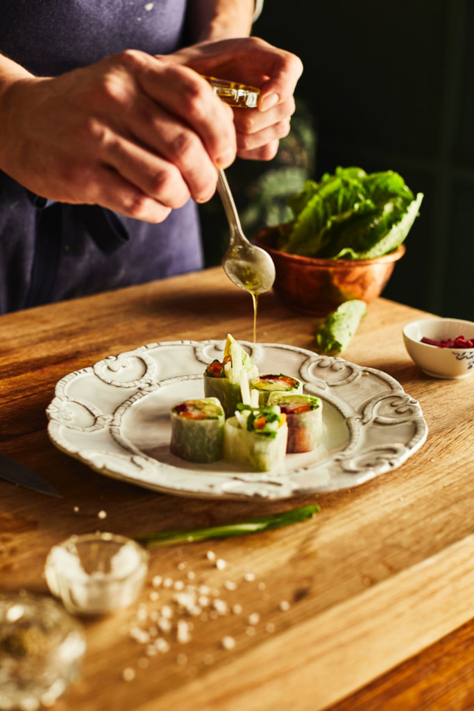 Garden hand rolls with cucumber dip. (Photo by Commodore Perry Estate, Auberge Resorts Collection)