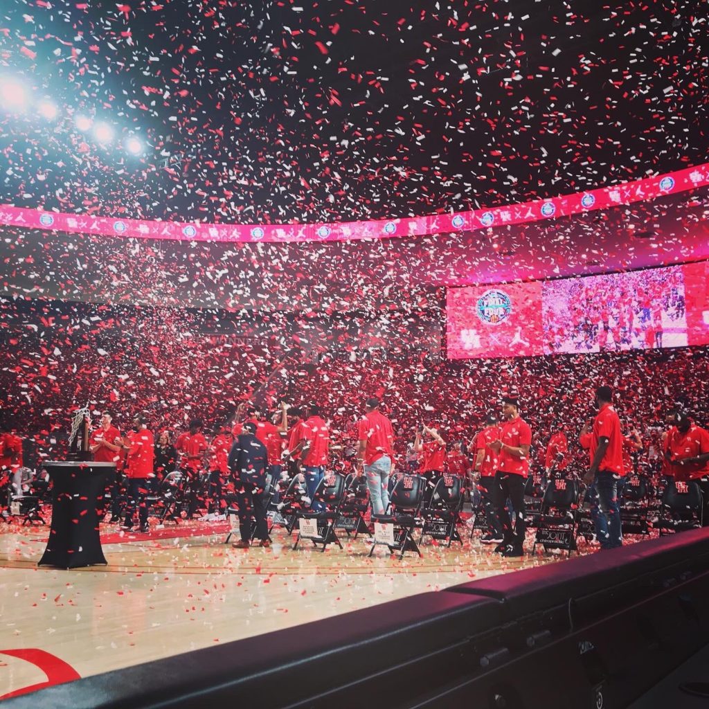 The red and white confetti was flying as Houston's Final Four team was celebrated at the Fertitta Center. (@TylerRMuse)