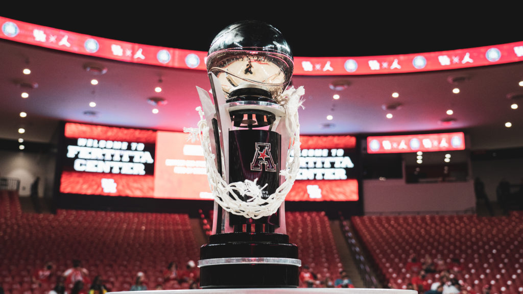 The American Athletic Conference championship trophy is no small piece of hardware. (@UHCougarMBK)
