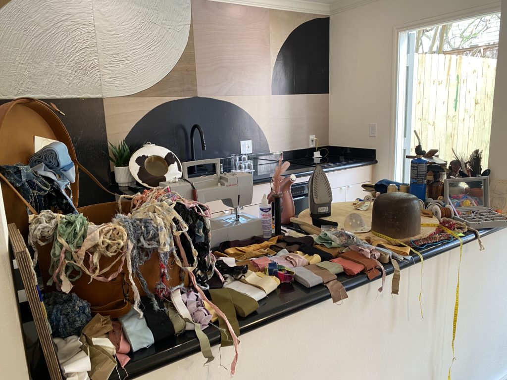 Teressa Foglia sewing machine and custom design accessories on display in the Garden Bungalows at La Colombe d'Or.