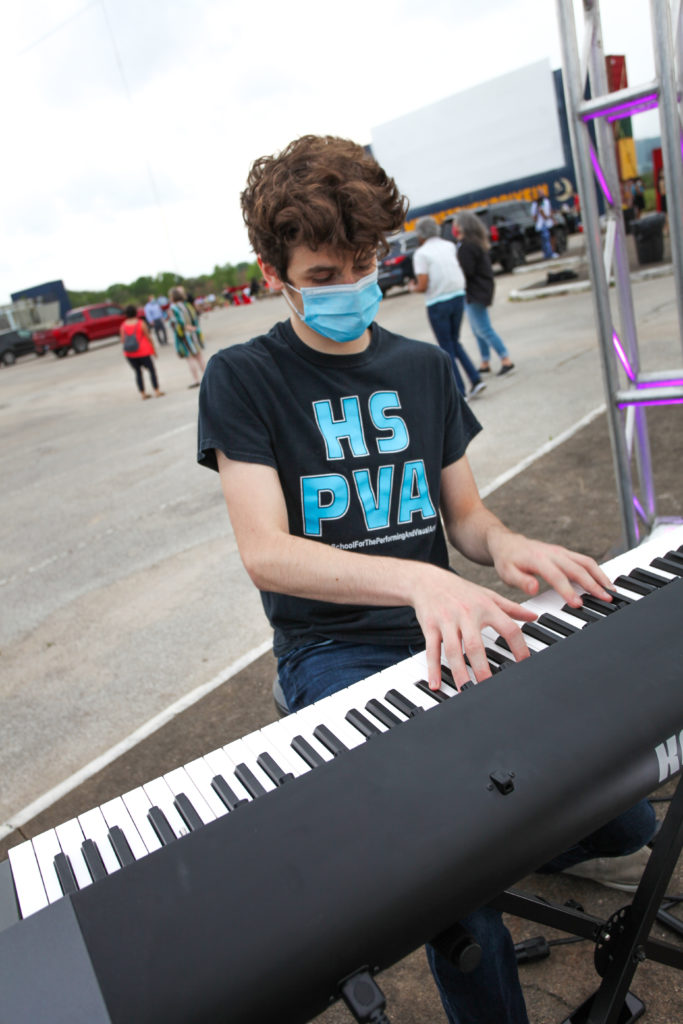 A student jazz musician performs at the Kinder HSPVA Encore fundraiser at Moonstruck Drive-In Cinema. (Photo by Katy Anderson )