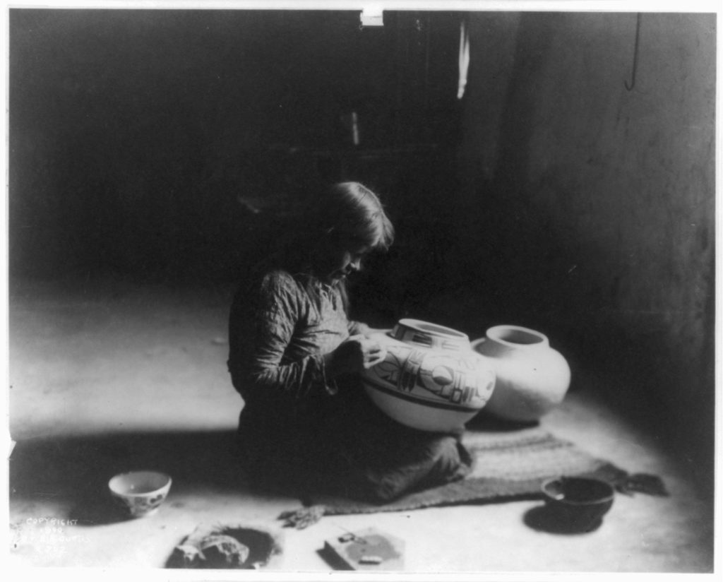 Photograph of Nampeyo decorating pottery from the Edward S. Curtis Collection, Prints & Photographs Division, Library of Congress, LC-USZ62-48396
