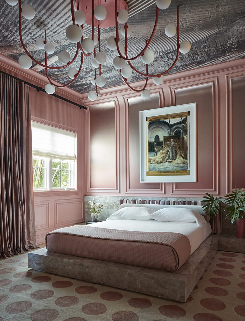 Houston-based designer Nina Magon creates a contessa's bedroom for the Kips Bay Decorator Show House Palm Beach. The  custom-designed bed frame in Taga Dekton by
Cosentino is upholstered in a textile from Fabricut. The rug is from New Moon Rugs.  (Photo by Carmel Brantley)