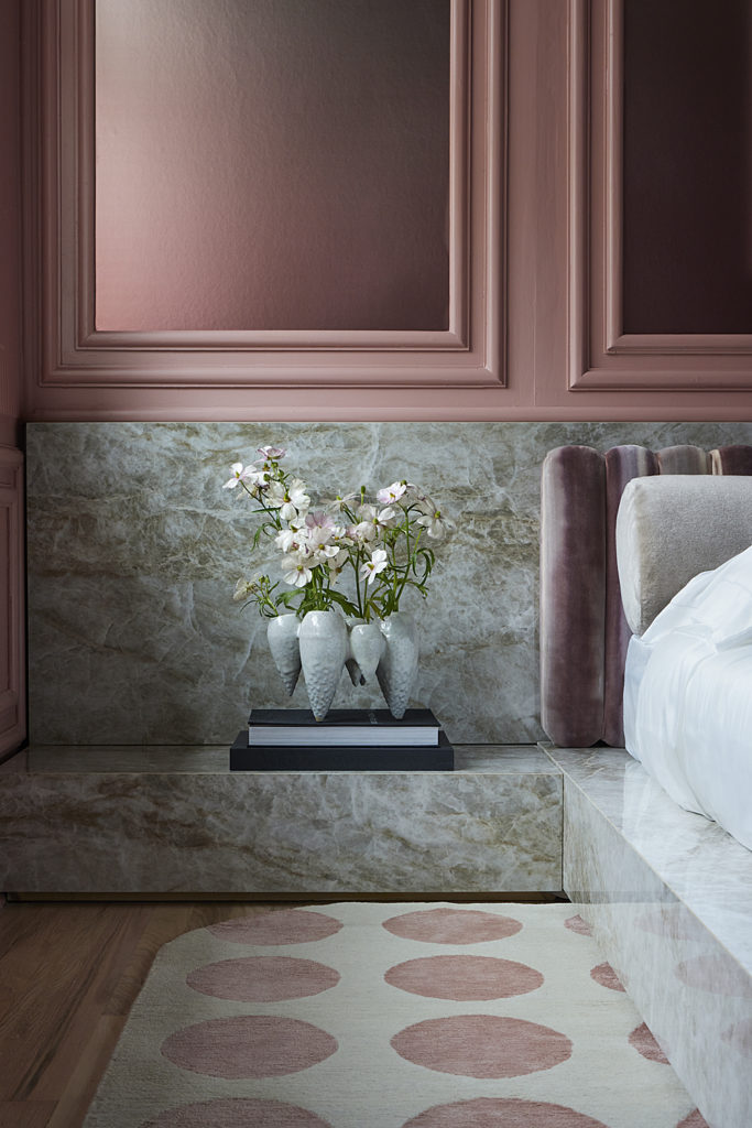 Houston-based designer Nina Magon creates a contessa's bedroom for the Kips Bay Decorator Show House Palm Beach. Three handmade bubble vases by CuoreCarpenito Studio and a white leather side table by Stéphane Parmentier for
Giobagnara. (Photo by Carmel Brantley)