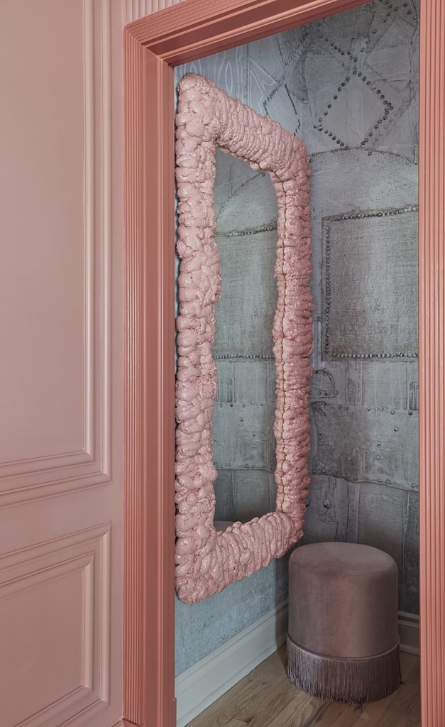 The whimsical mirror in the bath of Houston-based designer Nina Magon's contessa's bedroom in the Kips Bay Decorator Show House  Palm Beach. (Photo by Carmel Brantley)