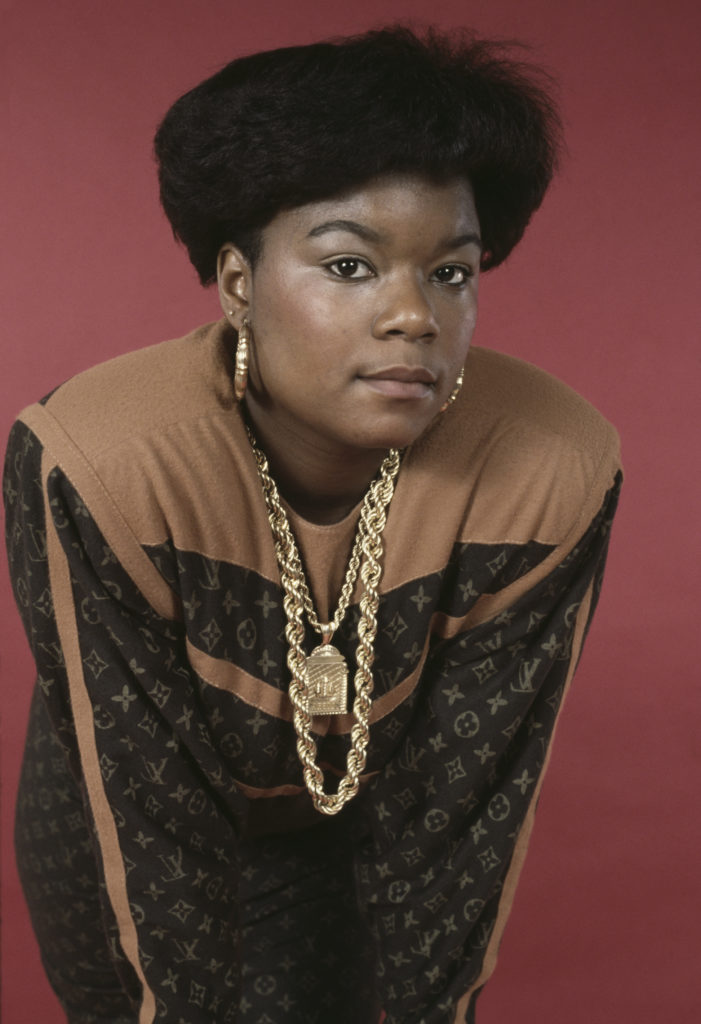 American hip hop musician and rapper Roxanne Shante, wearing an outfit by Dapper Dan, circa 1989. (Photo by Michael Ochs Archives/Getty Images)