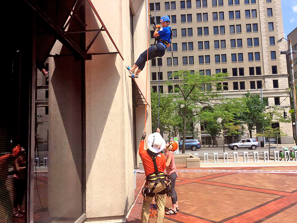 The Over the Edge ground crew will guide The Women's Home participants to a safe landing after rappelling down the 26-story DoubleTree Galleria Hotel. (Over-the-Edge photo)