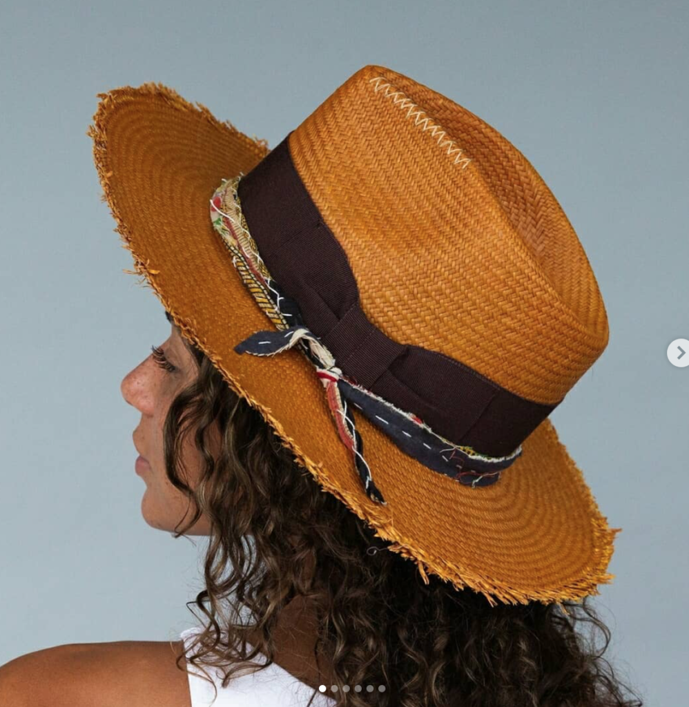 The Bird of Paradise hat adorned with a vintage fabric wrap and crown ridge stitching from Teressa Foglia hats.