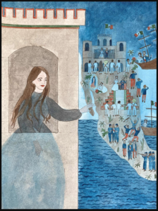 Watercolor artist Jennifer May Reiland from New York City creates a personal pantheon of secular and religious saints and martyrs. Reiland’s “Empress Carlota Remembers her Domains in Mexico,” 2020. Courtesy Lawndale Art Center.