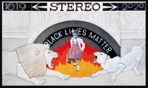 Tierney Malone uses African-American history and pop culture to create mixed-media works that challenge contemporary culture and politics. Malone’s “The Little Girl in the Lion’s Den,” 2020. Courtesy Lawndale Art Center.
