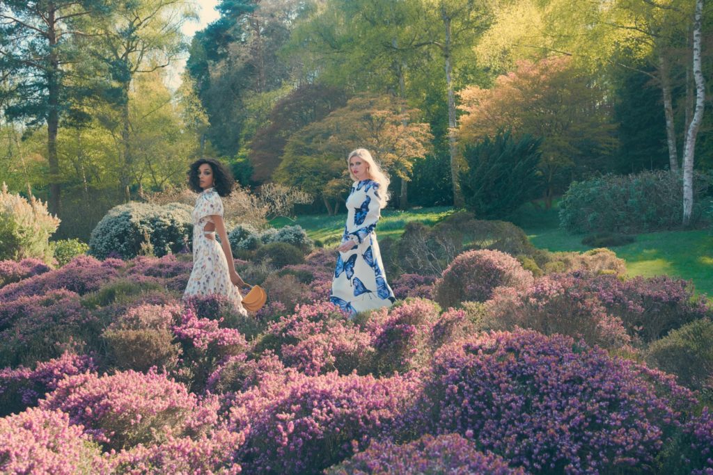 Brandon Maxwell dresses in butterfly and floral prints. (Photo by Venetia Scott for Brandon Maxwell)