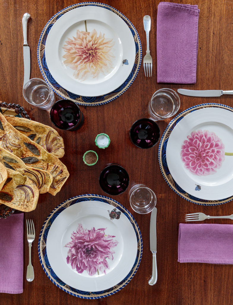 Photographs of dahlias from the garden were fired into ceramic plates