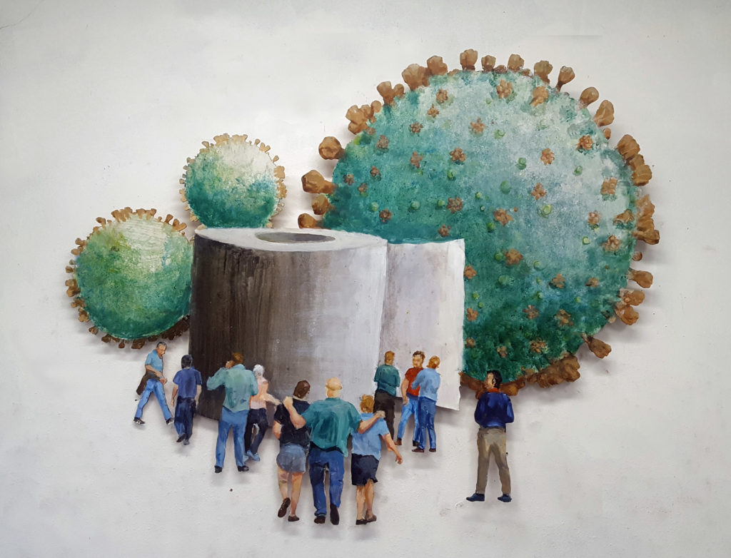 Postponed since July 2020, the COVID-themed “The Show Must Go On,” finally opens Saturday, May 8, 7 to 10 pm, at Kallinen Art Gallery in Houston’s East End. Shown: A.M. Shaer’s “Monument,” 2020.