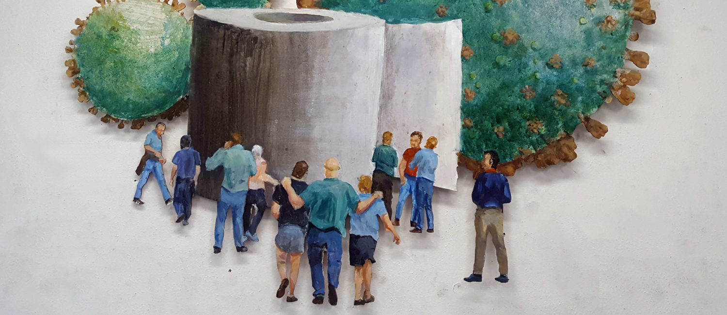 Postponed since July 2020, the COVID-themed “The Show Must Go On,” finally opens Saturday, May 8, 7 to 10 pm, at Kallinen Art Gallery in Houston’s East End. Shown: A.M. Shaer’s “Monument,” 2020.