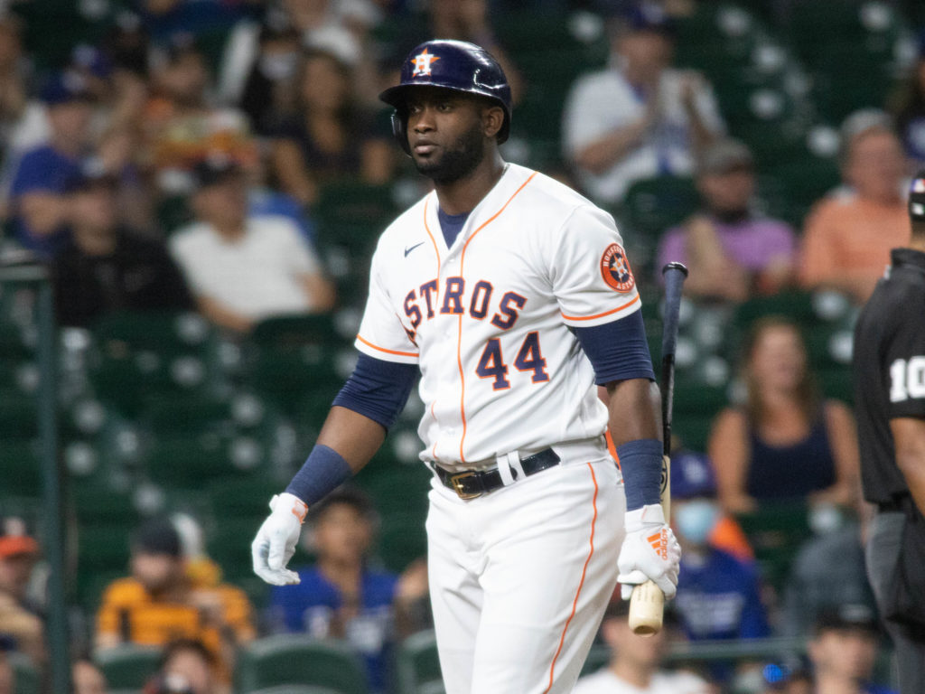 Yordan Alvarez struck out four times in a frustrating Astros night. (Photo by F. Carter Smith)