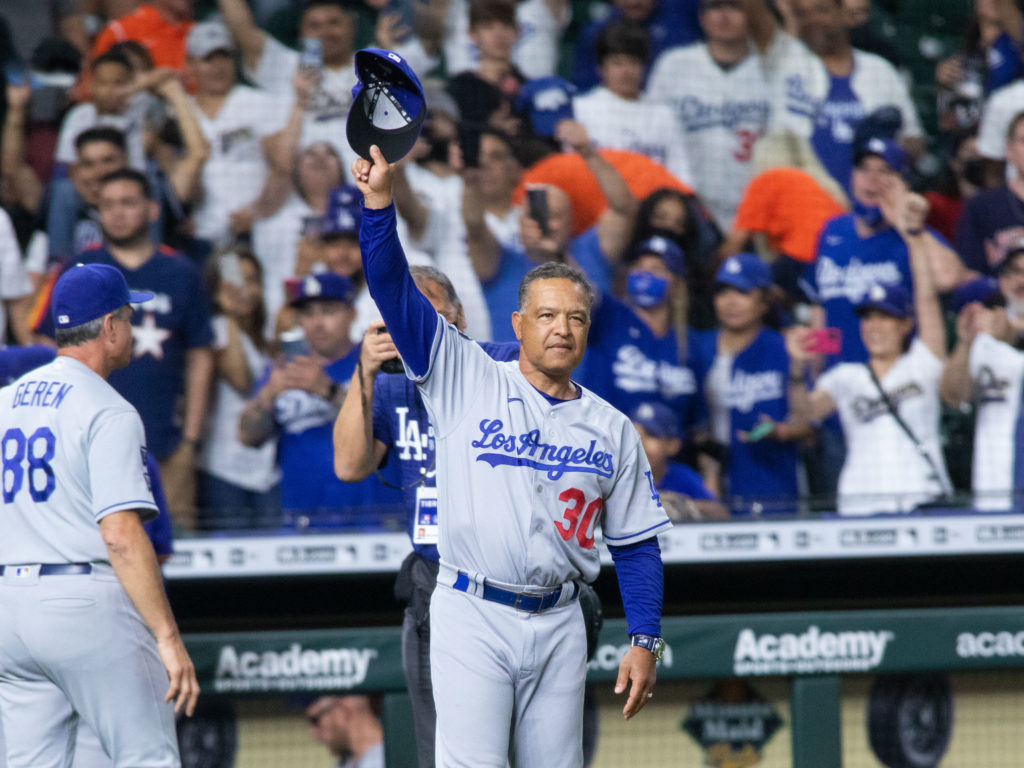 Dodgers manager Dave Roberts saluted the Dodgers fans in the Minute Maid Park stands. (Photo by F. Carter Smith)