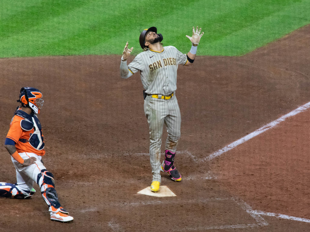 Fernando Tatis Jr. looked to the sky after he sent a home run soaring into the sky. (Photo by F. Carter Smith)