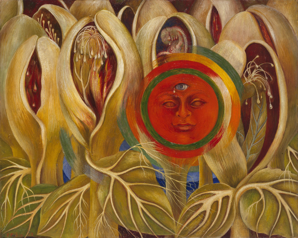 Frida Kahlo's "Sun and Life" of 1947 is a sexually charged painting featuring a crimson sun with weeping third eye. (Courtesy of the DMA)