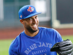 Outfielder George Springer visits with his former Astros teammates and coaches before his new team, the Toronto Blue Jays, began a series at Minute Maid Park. Springer is currently on the injured list and won’t be in uniform to play against his first te