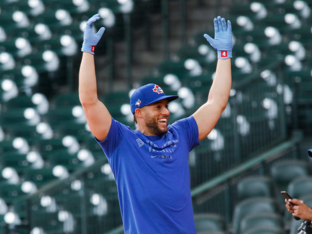 Outfielder George Springer visits with his former Astros teammates and coaches before his new team, the Toronto Blue Jays, began a series at Minute Maid Park. Springer is currently on the injured list and won’t be in uniform to play against his first te