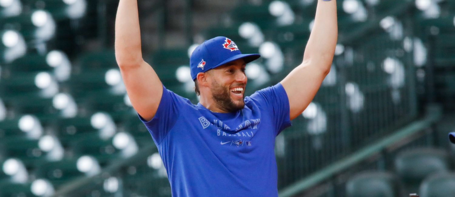 Outfielder George Springer visits with his former Astros teammates and coaches before his new team, the Toronto Blue Jays, began a series at Minute Maid Park. Springer is currently on the injured list and won’t be in uniform to play against his first te