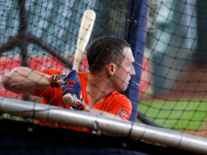 Outfielder George Springer visits with his former Astros teammates and coaches before his new team, the Toronto Blue Jays, began a series at Minute Maid Park. Springer is currently on the injured list and won’t be in uniform to play against his first te