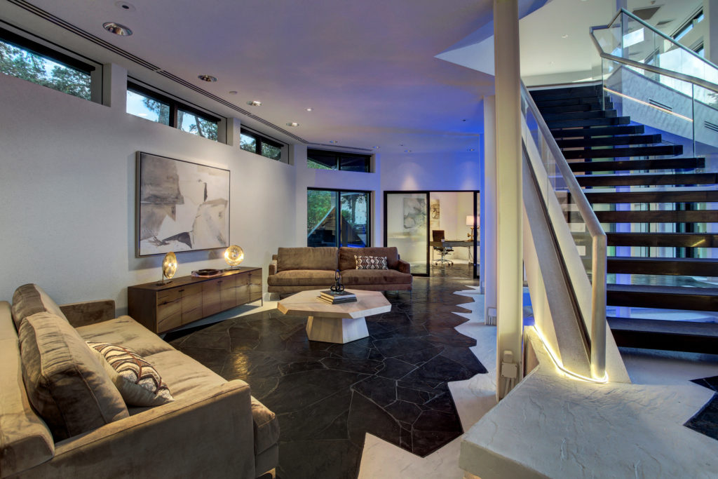 Erratic marble floor patterns add to the exotic feel of the Darth Vader house in Houston. (Photo courtesy of Martha Turner Sotheby’s International Realty) 